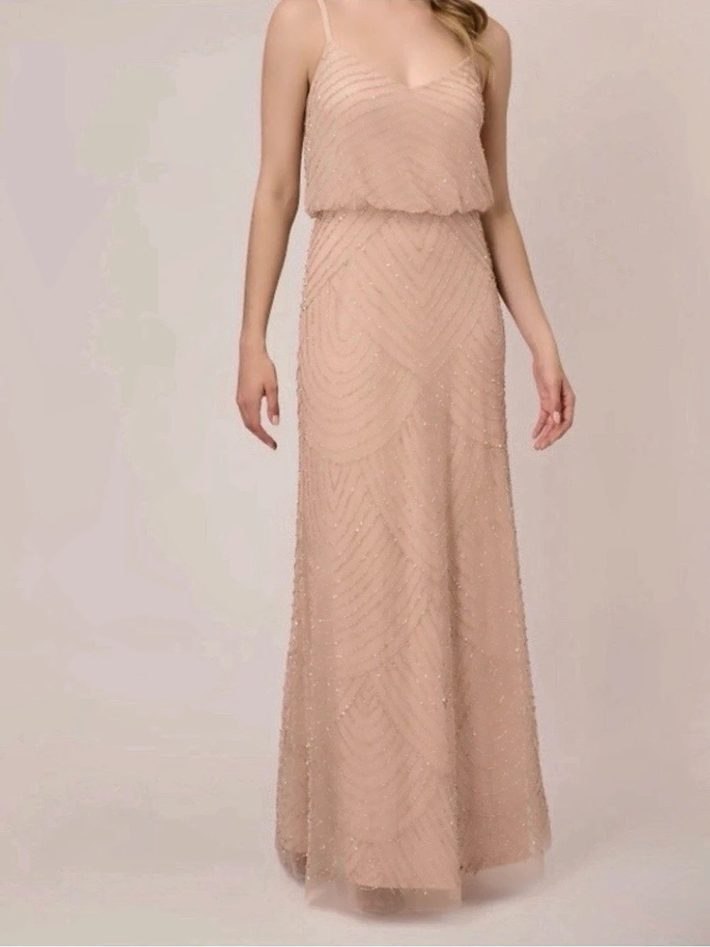 Adrianna Papell Art Deco Beaded Blouson Long Gown Pink Size 0P